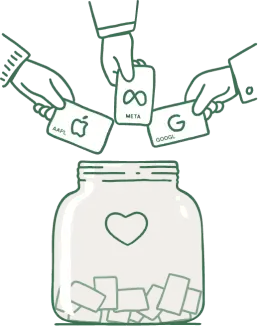Hands dropping Apple, Meta and Google stock into a donation jar