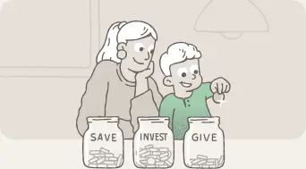 A parent and child dropping coins into three jars labeled save, invest, and give.