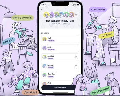 Daffy app on a phone showing family members and donation categories like arts, science, education, housing, animals, and environment.